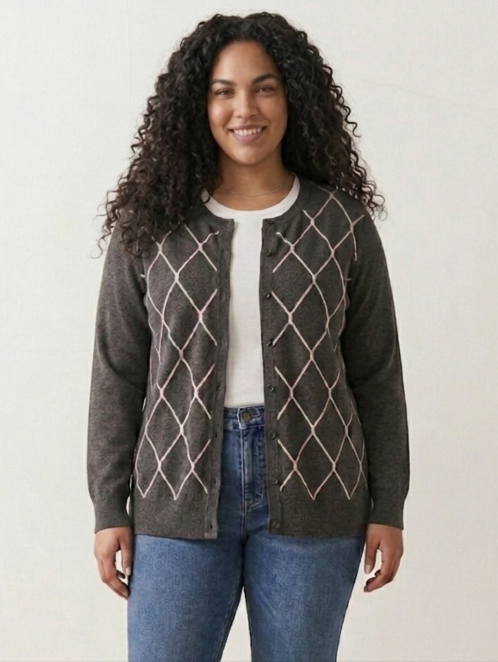Croft & Barrow Women's Gray Lattice/Argyle Closed Long Sleeve Cardigan Sz Large